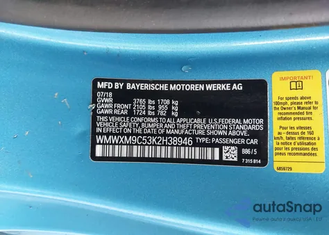 2019 Mini Hardtop John Cooper Works z USA, uszkodzony, nr VIN WMWXM9C53K2H38946